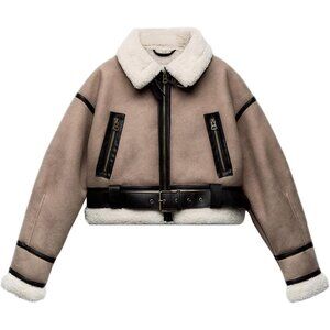 Women's Faux Lamb Fur Leather Short Jacket Lapel Zipper Bomber Coat Khaki